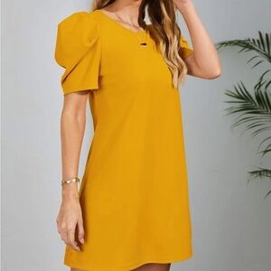 Elegant Mustard Puff Sleeve Dress